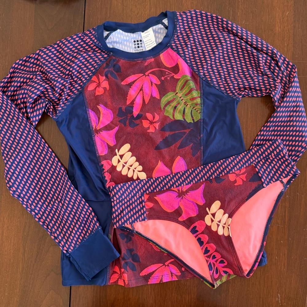 Title Nine Floral Swim Set, LS rash guard & matching bikini bottoms women’s S